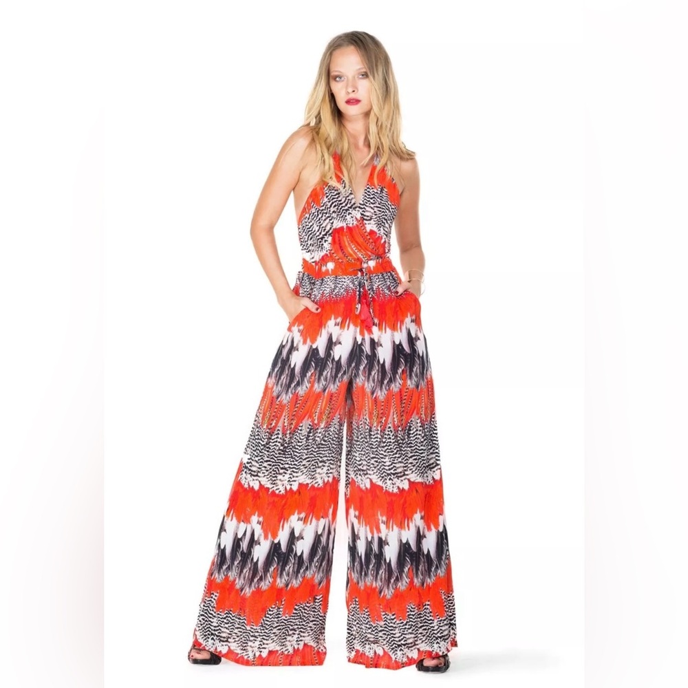 Luxurious Shahida Parides Woodpecker Red Multi Palazzo Summer Jumpsuit Size S-M